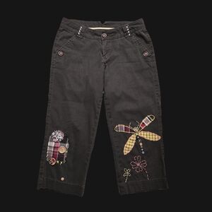 Jag Upcycled Brown Women Capris With Patchwork, Embroidery, And Accent Buttons
